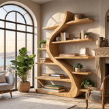 Organic Wooden Bookshelf Soft Curved Design For Home Decor