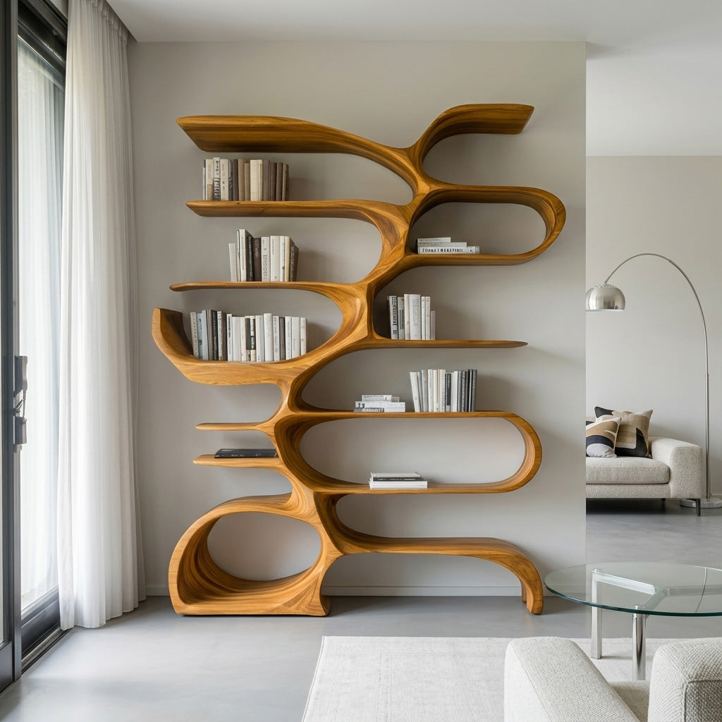Sculptural Wooden Bookcase For Modern Living Room Storage