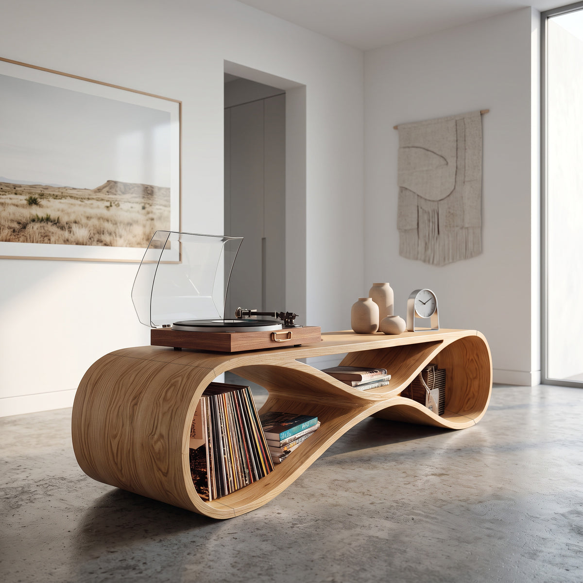 Contemporary Wooden Record Cabinet Curved Design For Living Room