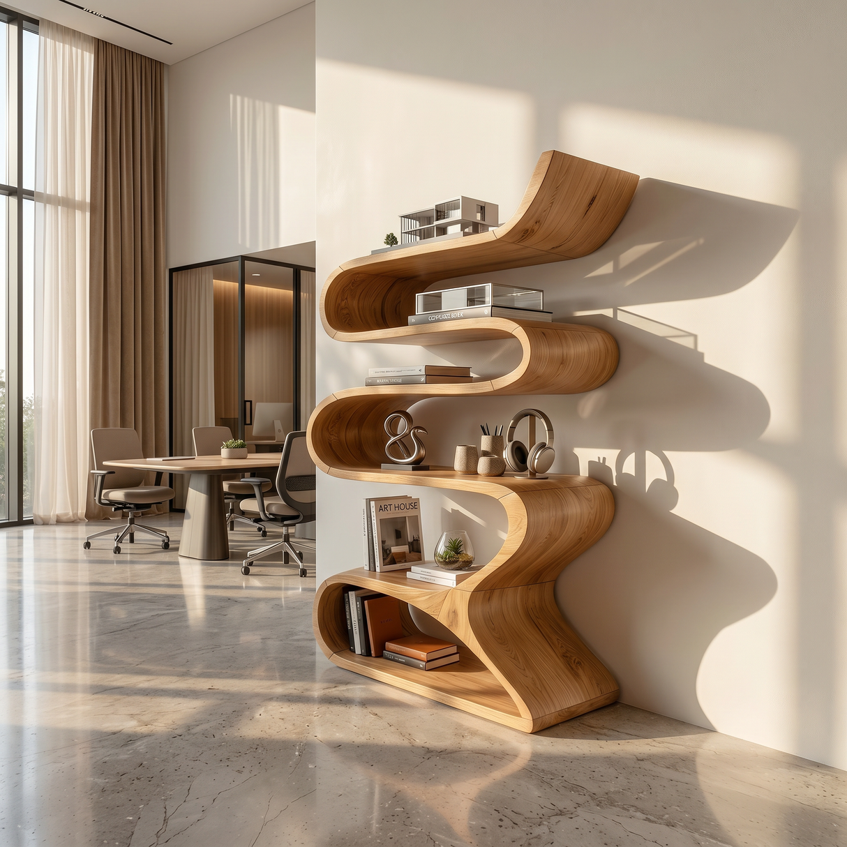 Sculptural Wooden Wall Shelf In Flowing Form