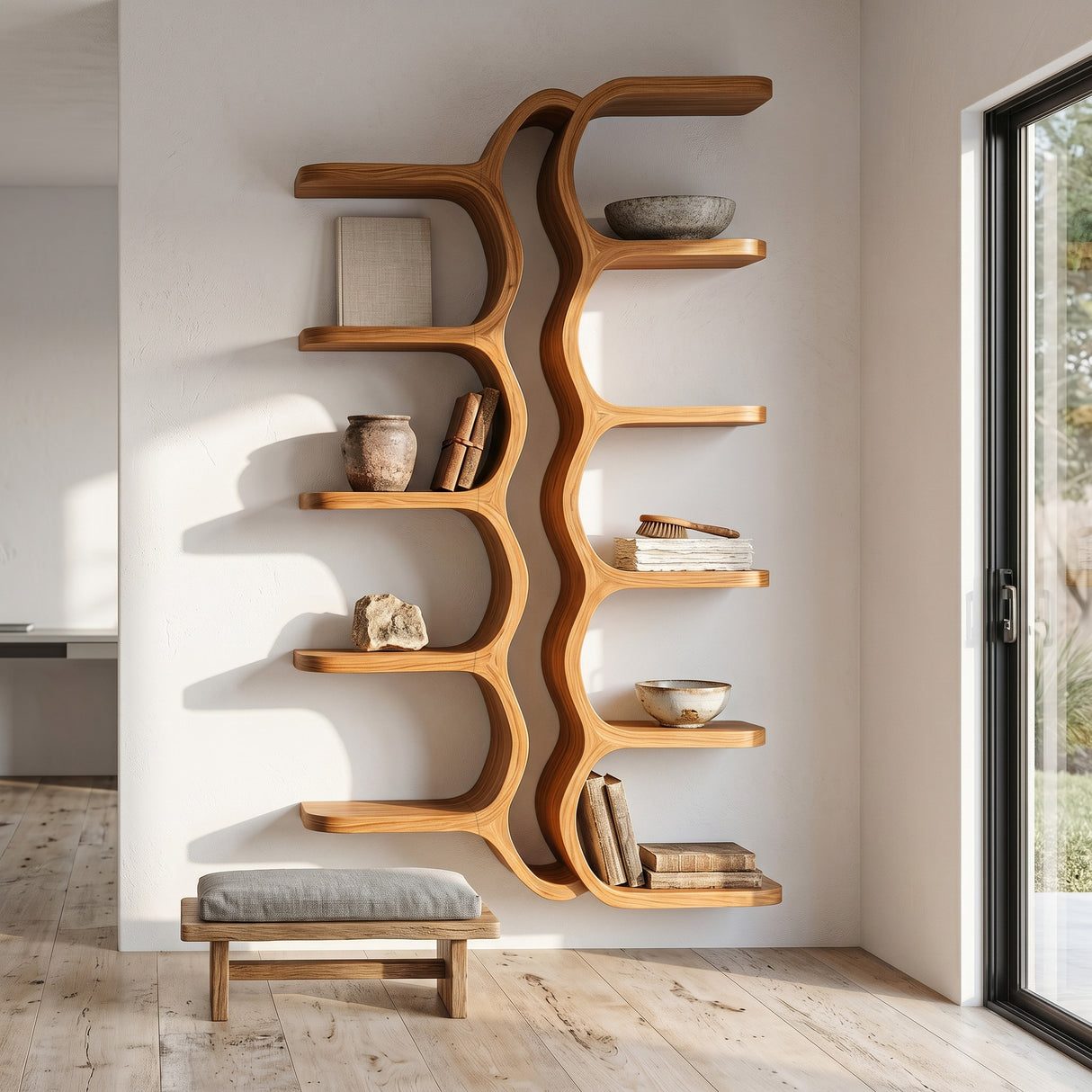Organic Sculpture Wooden Wall Mounted Shelf For Living Room