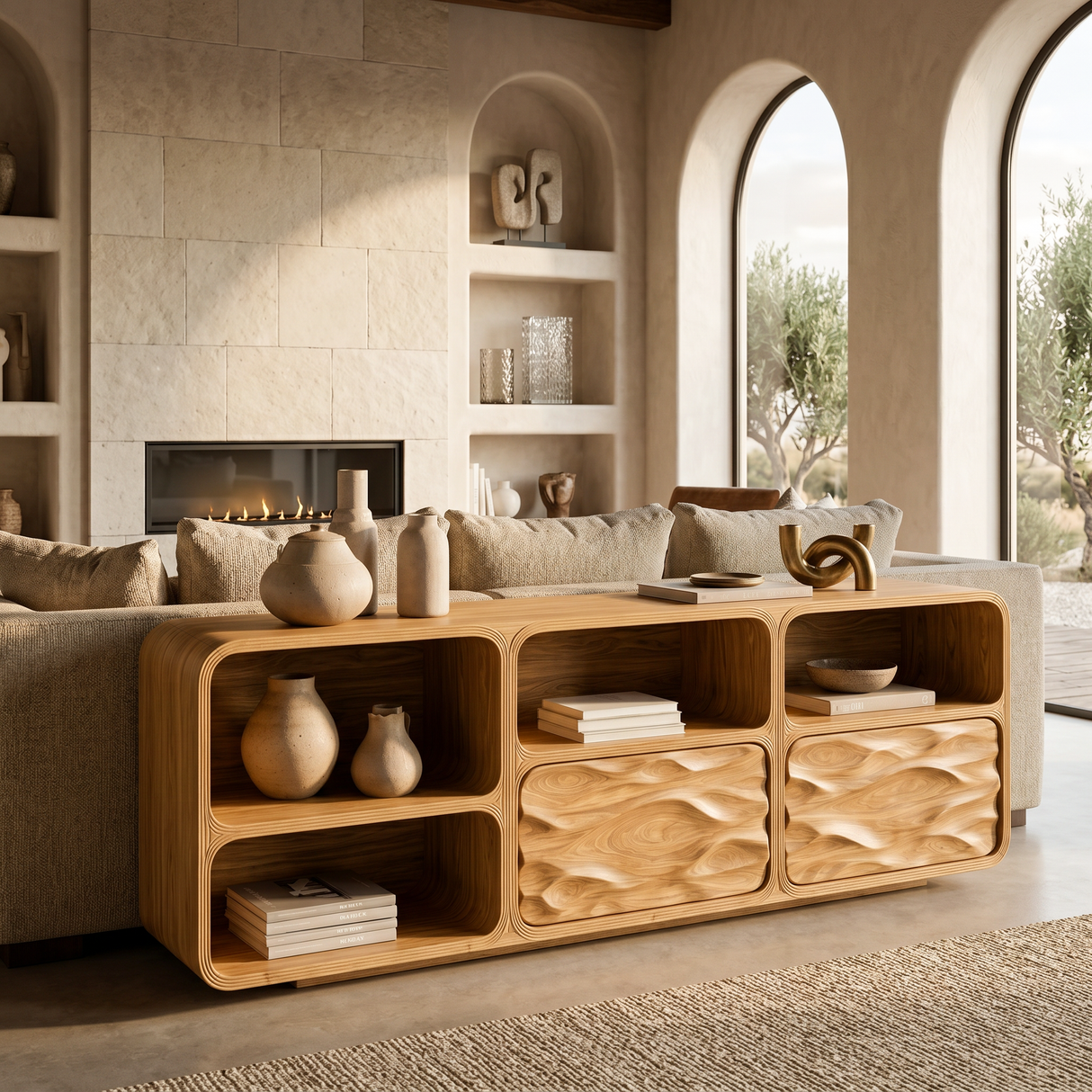 Contemporary Console Table With Wave Carved Drawers For Living Room