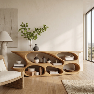 Sculptural Wood Bookshelf Curved Design For Living Room