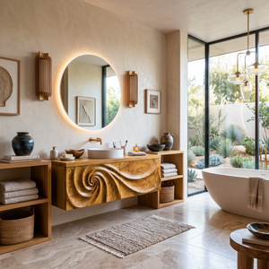 Modern Bathroom Vanity With Spiral Carved Front For Master Bathroom