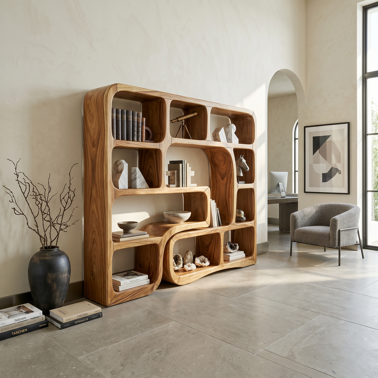 Luxury Wooden Bookcase With Organic Wave Design