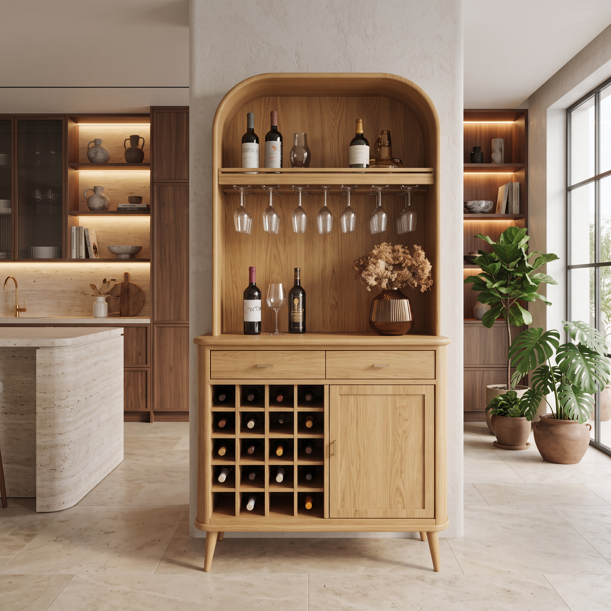 Mid Century Arched Wine Cabinet For Kitchen