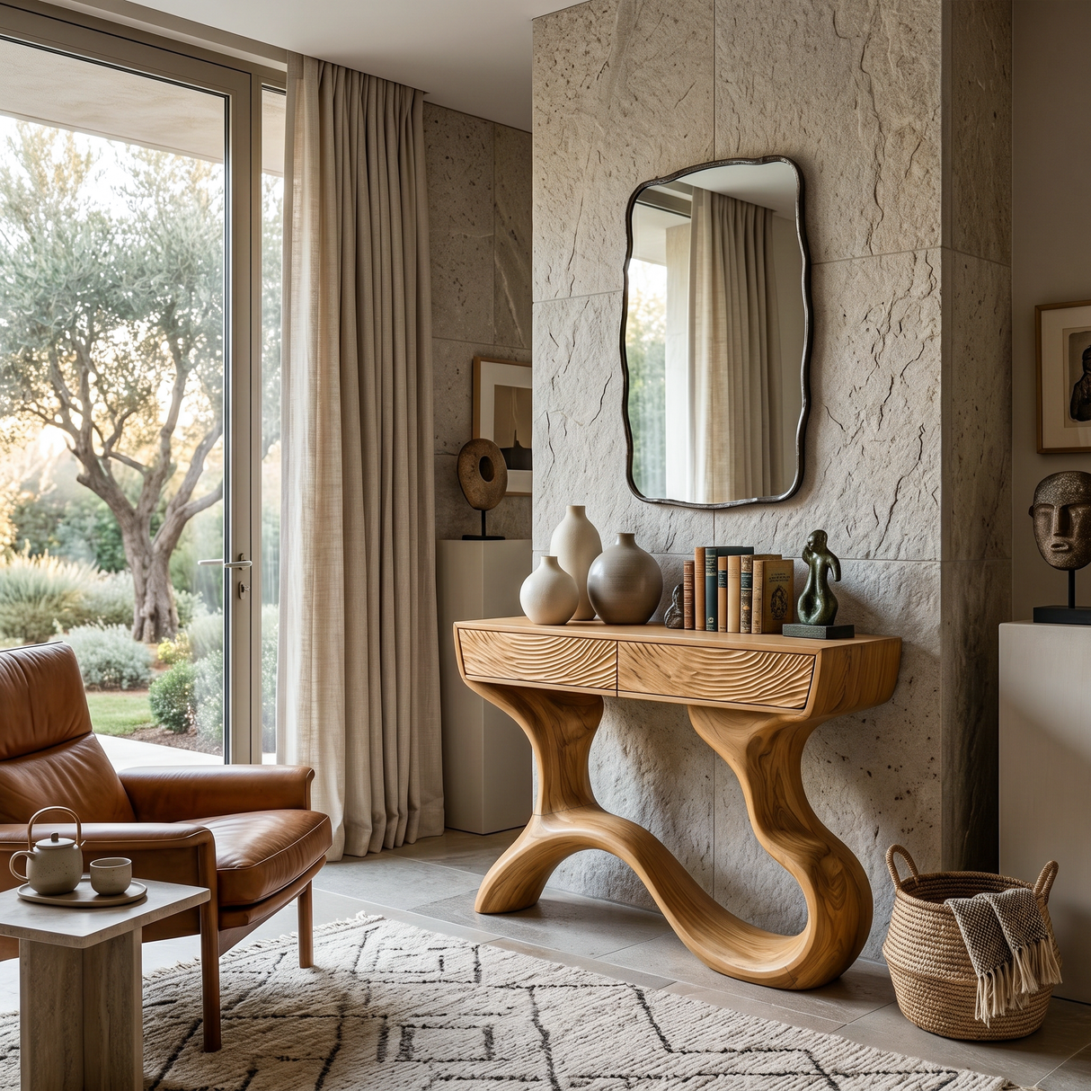 Handcrafted Wood Console Table With Organic Curved Base For Entryway