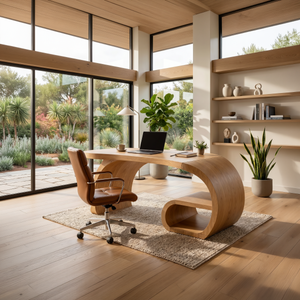 Contemporary Sculpted Desk With Side Shelf For Studio Interior