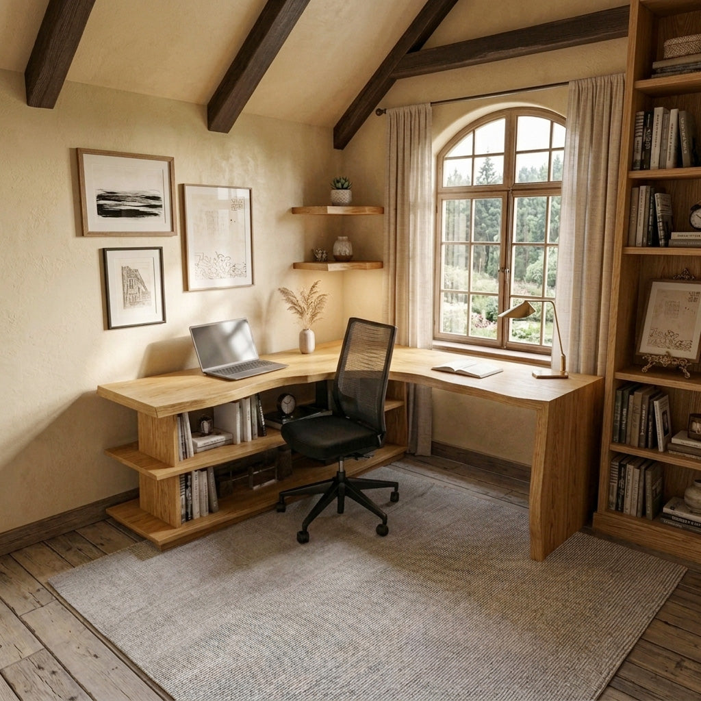 Organic L-Shaped Desk With Shelving For Home Office
