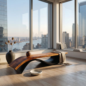 Handcrafted Wooden Bench With Unique Undulating Form For Living Room