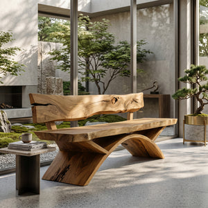 Organic Live Edge Bench With Sculptural Base For Entryway