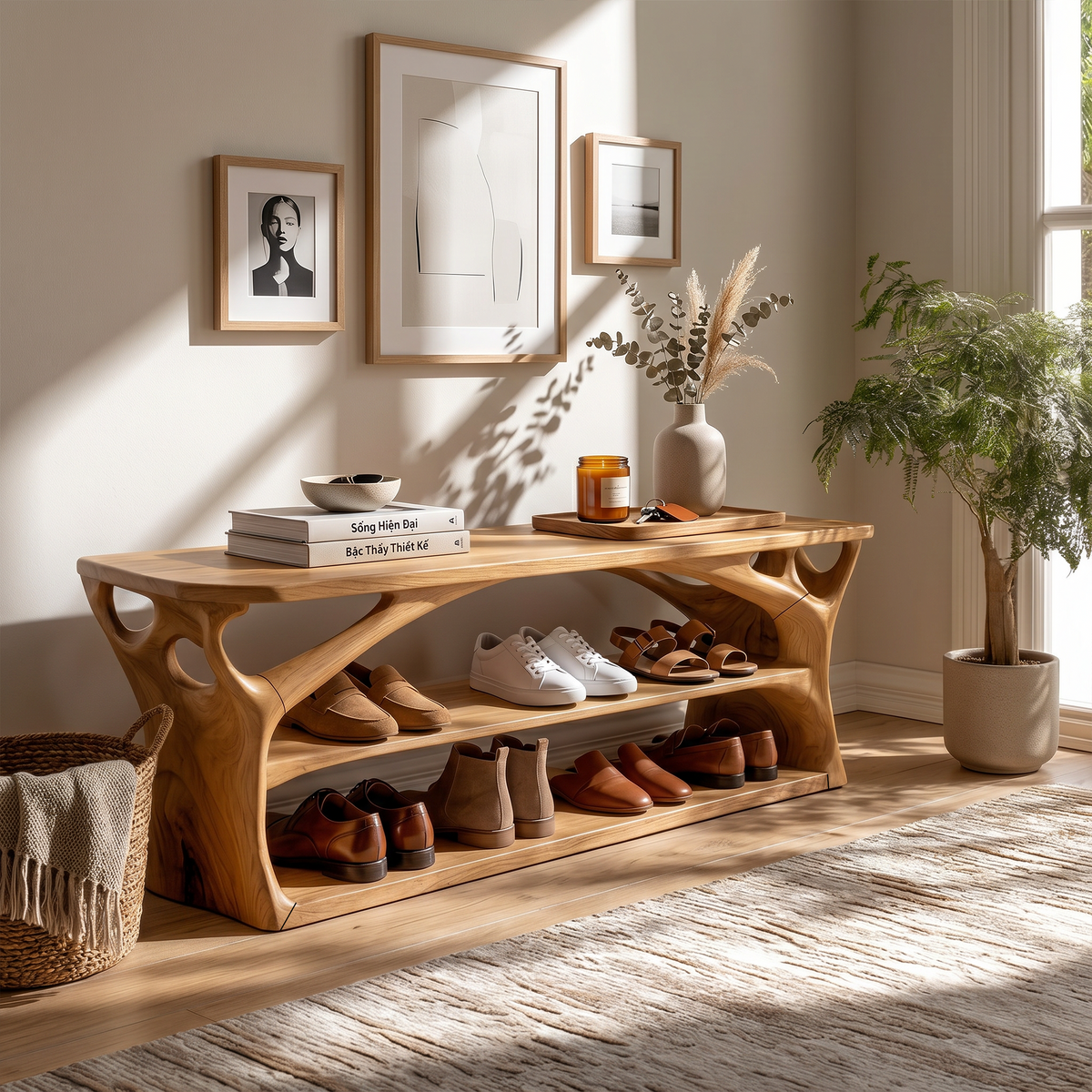 Japandi Shoe Bench Rack For Mudroom Storage Corner Display