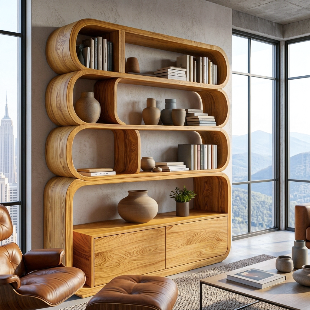 Modern Natural Wood Bookshelf With Curved Structure For Living Room