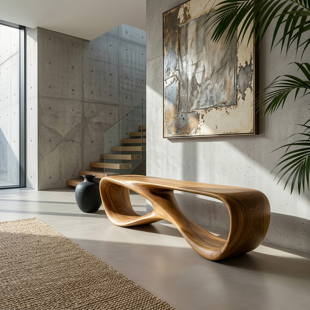 Minimalist Sculptural Wooden Bench For Entryway Decor