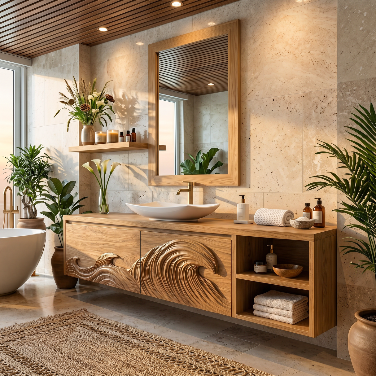 Contemporary Floating Bathroom Vanity With Raised Wave Pattern For Bathroom