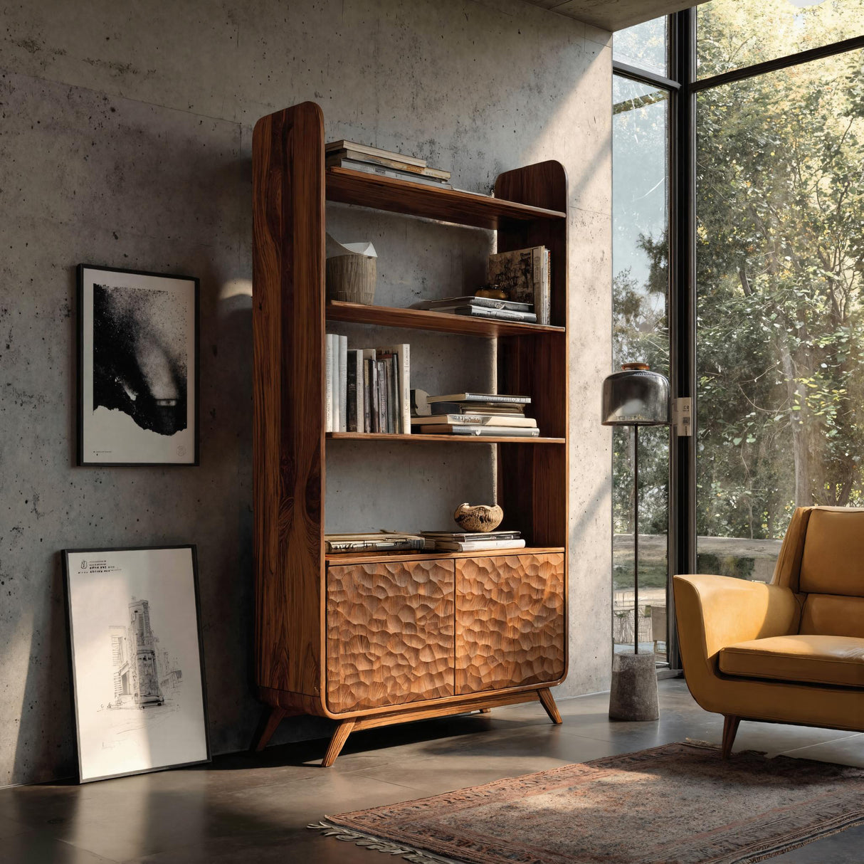 Luxury Solid Wood Bookshelf With Sculpted Door Panels