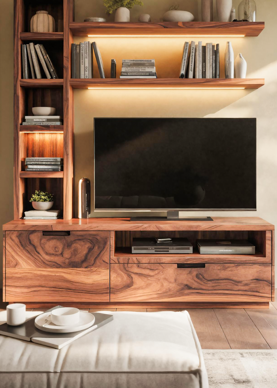 Modern TV Stand With Bookshelf And Lighting For Living Room