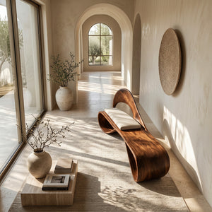 Modern Wooden Bench With Sculptural Curved Backrest For Reading Nook