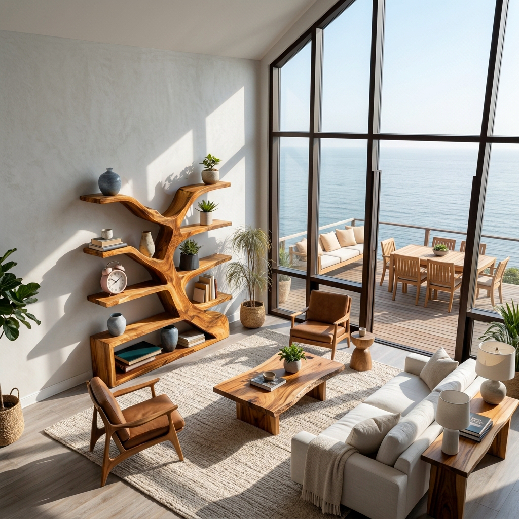 Organic Wooden Bookshelf Branch Form For Home Interior