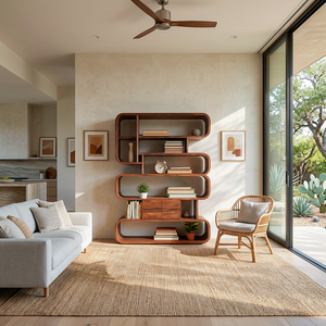 Contemporary Natural Wood Bookshelf With Rounded Form For Home