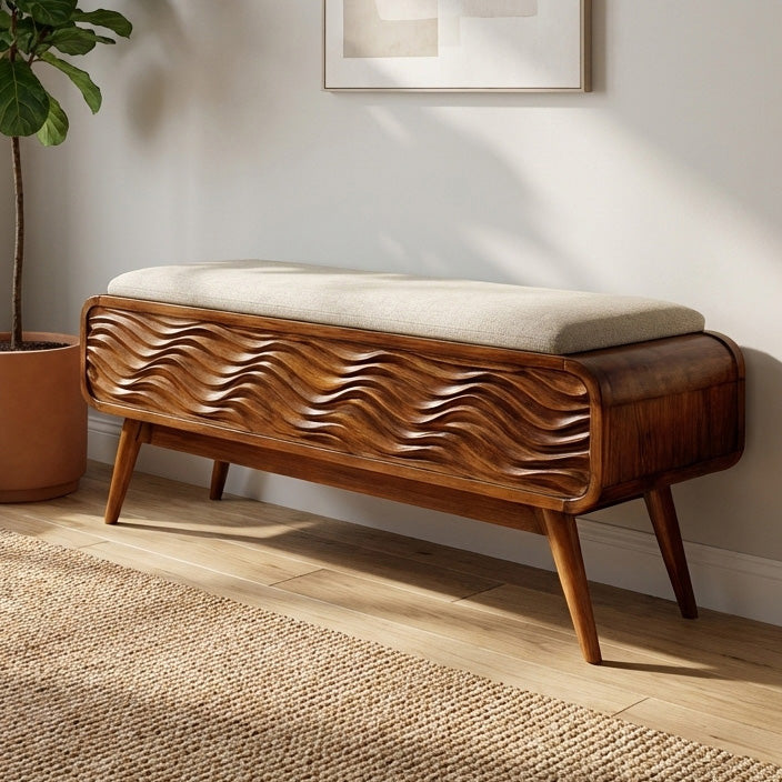 Modern Coastal Carved Storage Bench For Living Room