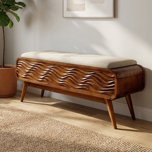 Modern Coastal Carved Storage Bench For Living Room