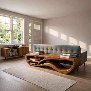 Sculptural Natural Wood Bench With Integrated Shelving For Hallway