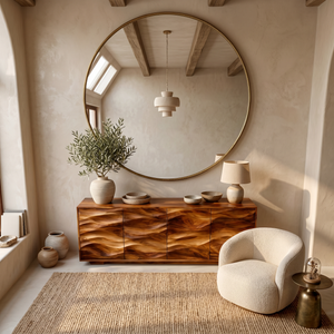 Minimalist Wooden Wave Carved Sideboard For Home
