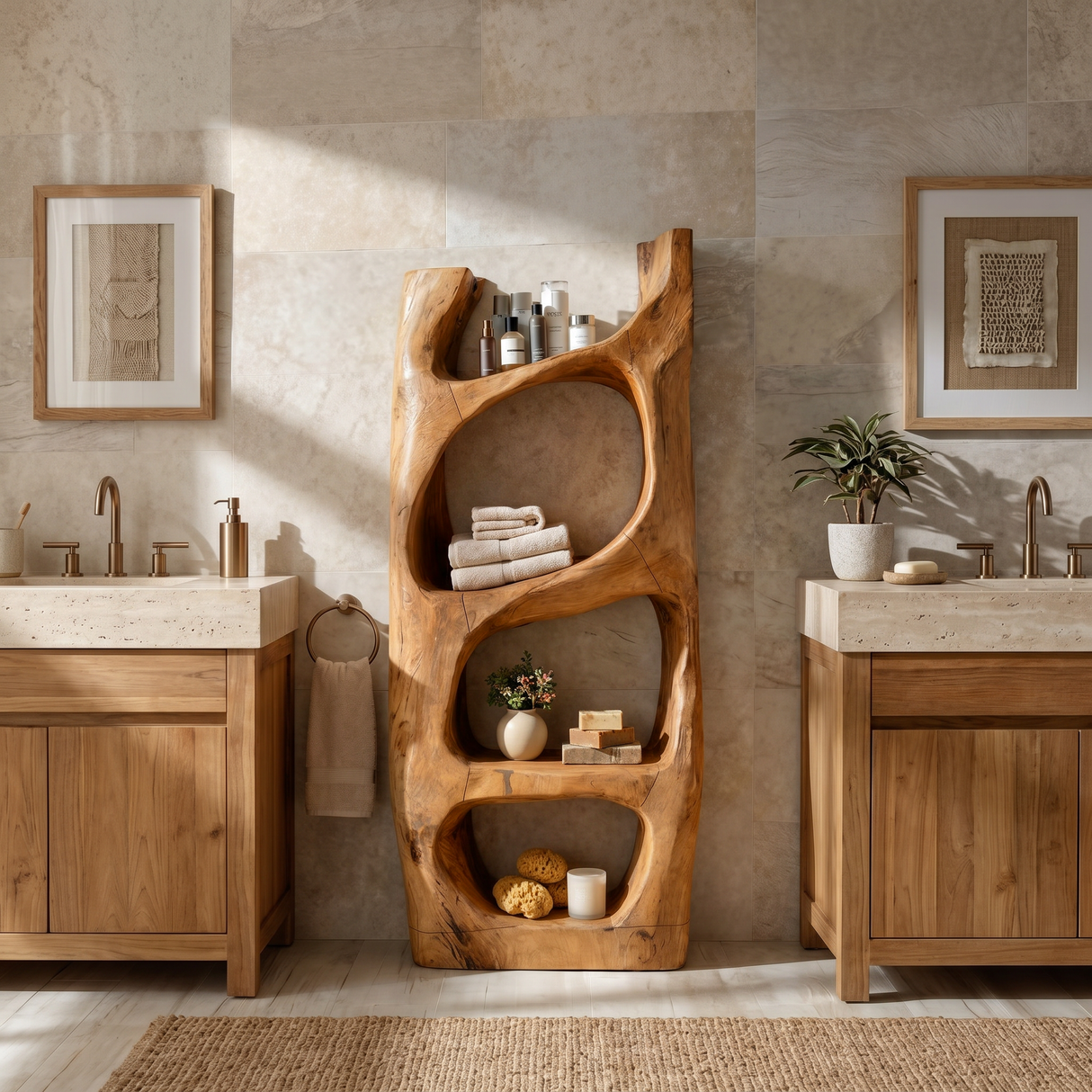 Handcrafted Sculptural Bathroom Shelf For Towels Or Spa Storage