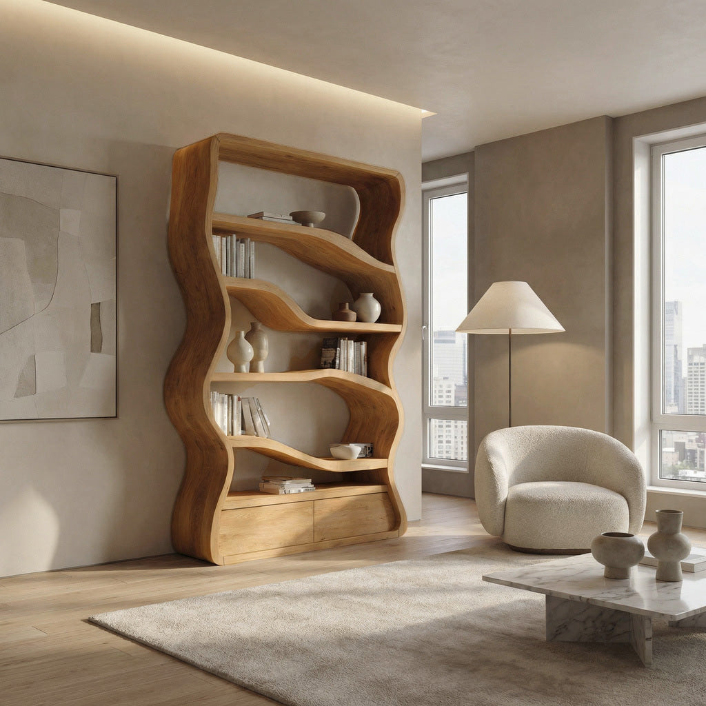 Modern Curved Wooden Bookshelf For Living Room