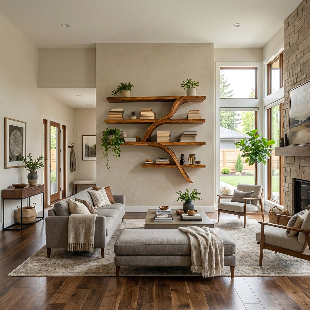 Handcrafted Wooden Wall Bookshelf With Organic Shape For Home