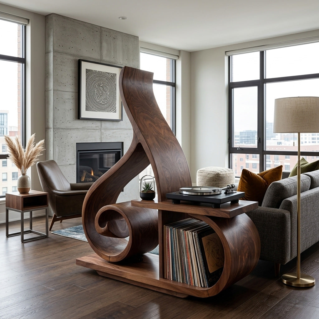 Contemporary Sculptural Wooden Record Player Stand For Living Room