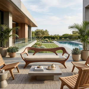 Statement Wooden Sofa With Curved Backrest For Living Decor