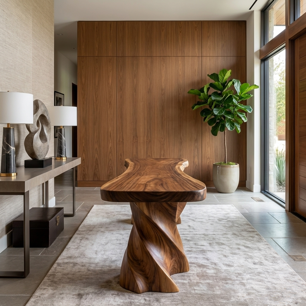 Contemporary Wooden Bench With Twisted Base For Home Living