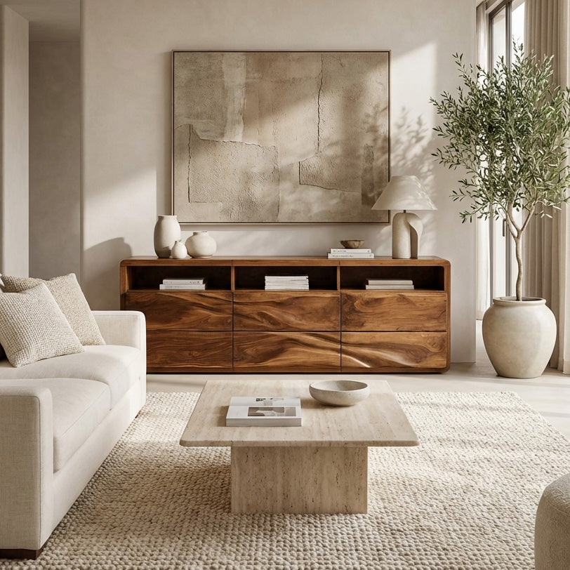 Organic Wave Carved Wood Sideboard For Living Room
