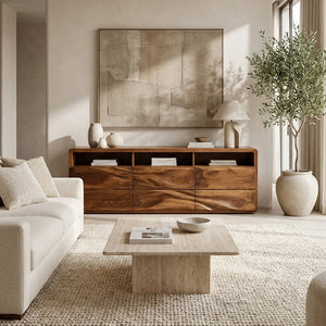 Organic Wave Carved Wood Sideboard For Living Room