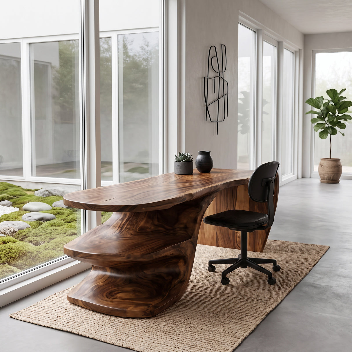 Sculptural Desk With Built-in Shelf For Home Office