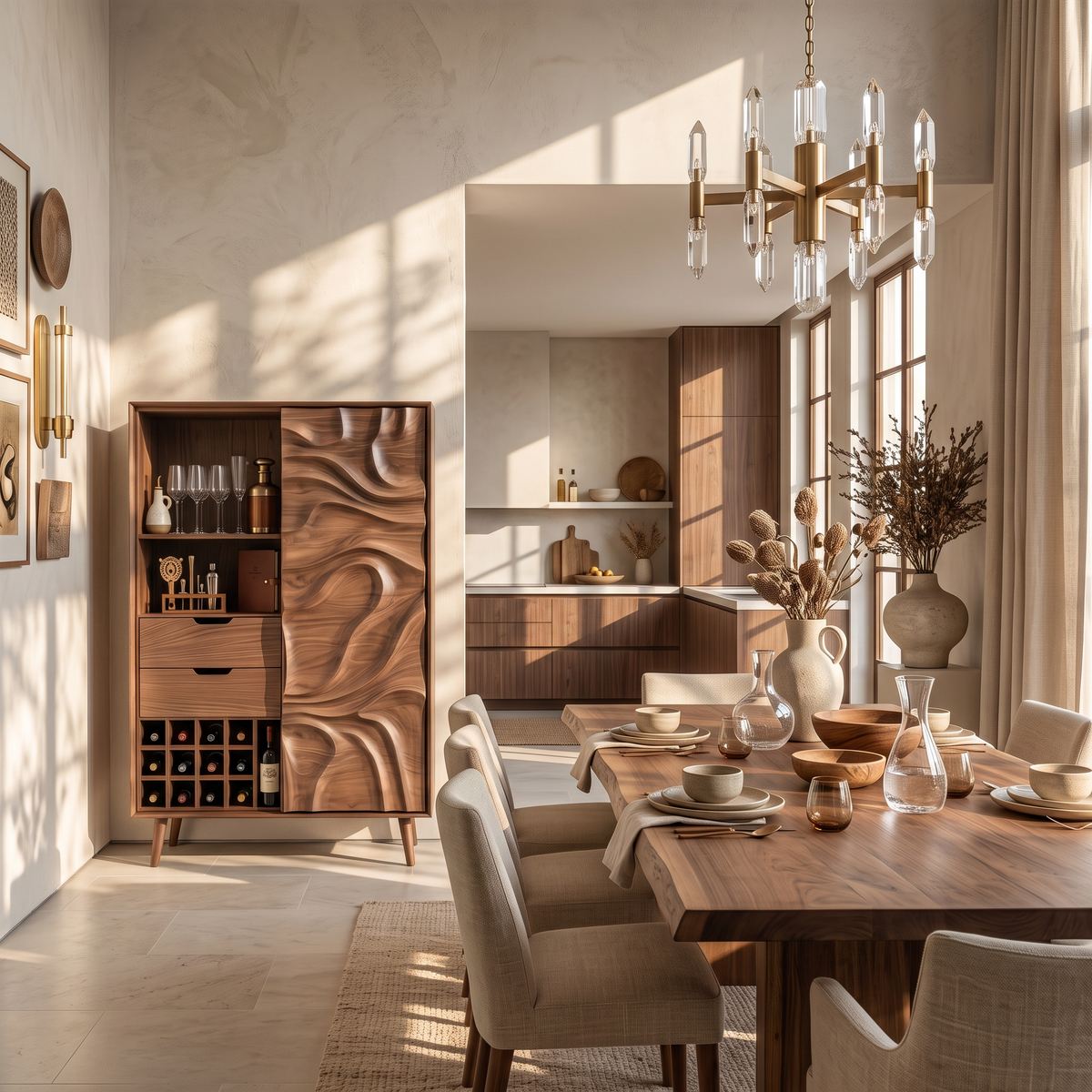 Sculptural Bar Cabinet With Wave Carved Doors For Kitchen