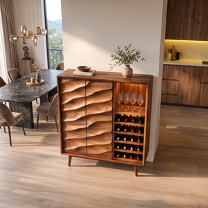 Modern Wine Cabinet With Wave Carved Doors For Kitchen Area