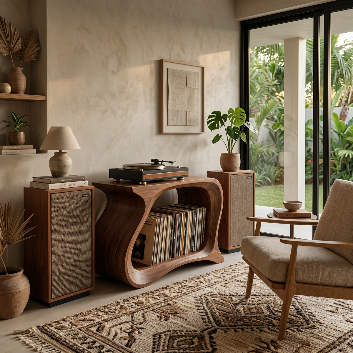Wooden Record Player Stand With Sculptural Form For Living Room