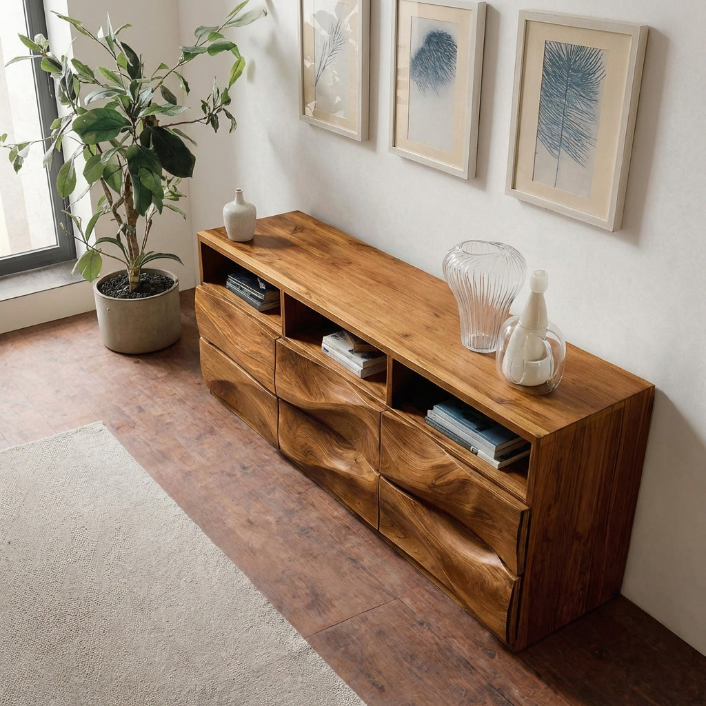 Contemporary Wooden Sideboard With Open Display Shelf For Interior