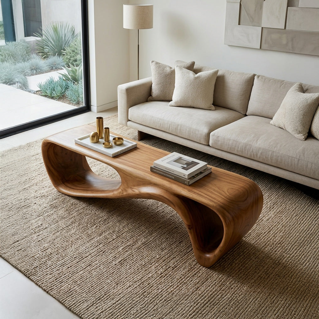 Curved Wooden Bench For Minimalist Living Room Decor