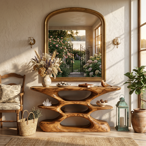 Contemporary Sculptural Wood Console Table With Cutout Shelves For Living