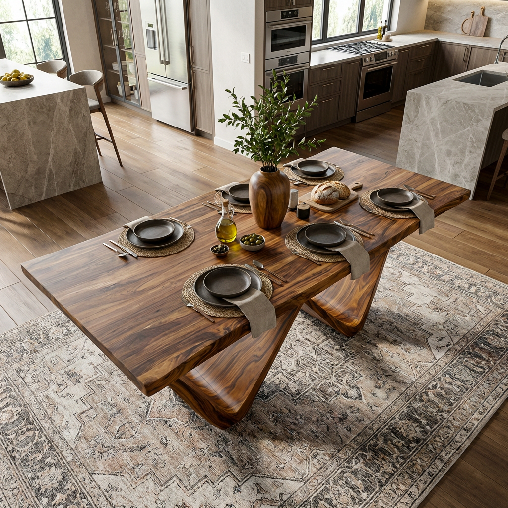 Farmhouse Wooden Dining Table With Statement Base For Interior