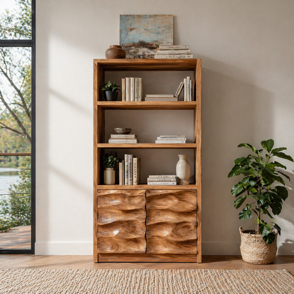 Minimal Wooden Bookshelf With Wavy Drawer Front For Home