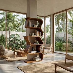Modern Sculptural Wooden Bookshelf For Home Display