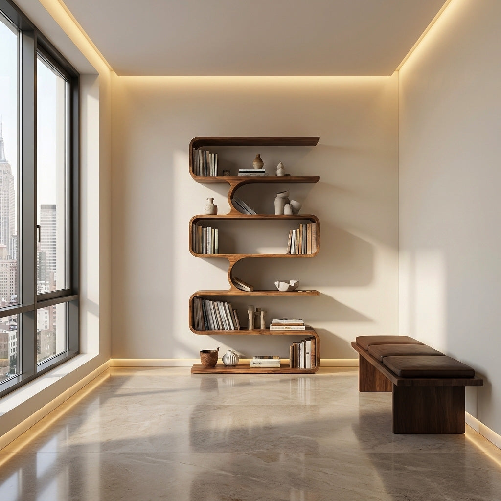 Handcrafted Wooden Bookshelf With Sculpture Edges For Living Room