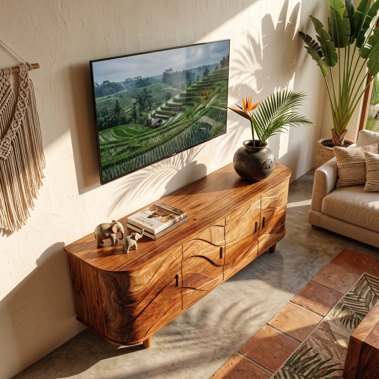 Handcrafted Wave Wood TV Stand For Media Room
