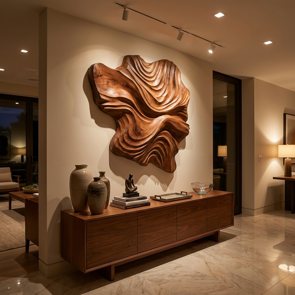 Organic Wood Wall Art Wave Design For Luxury Living Room
