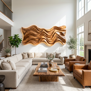 Modern Wood Wall Art With Wave Sculpture For Living Room
